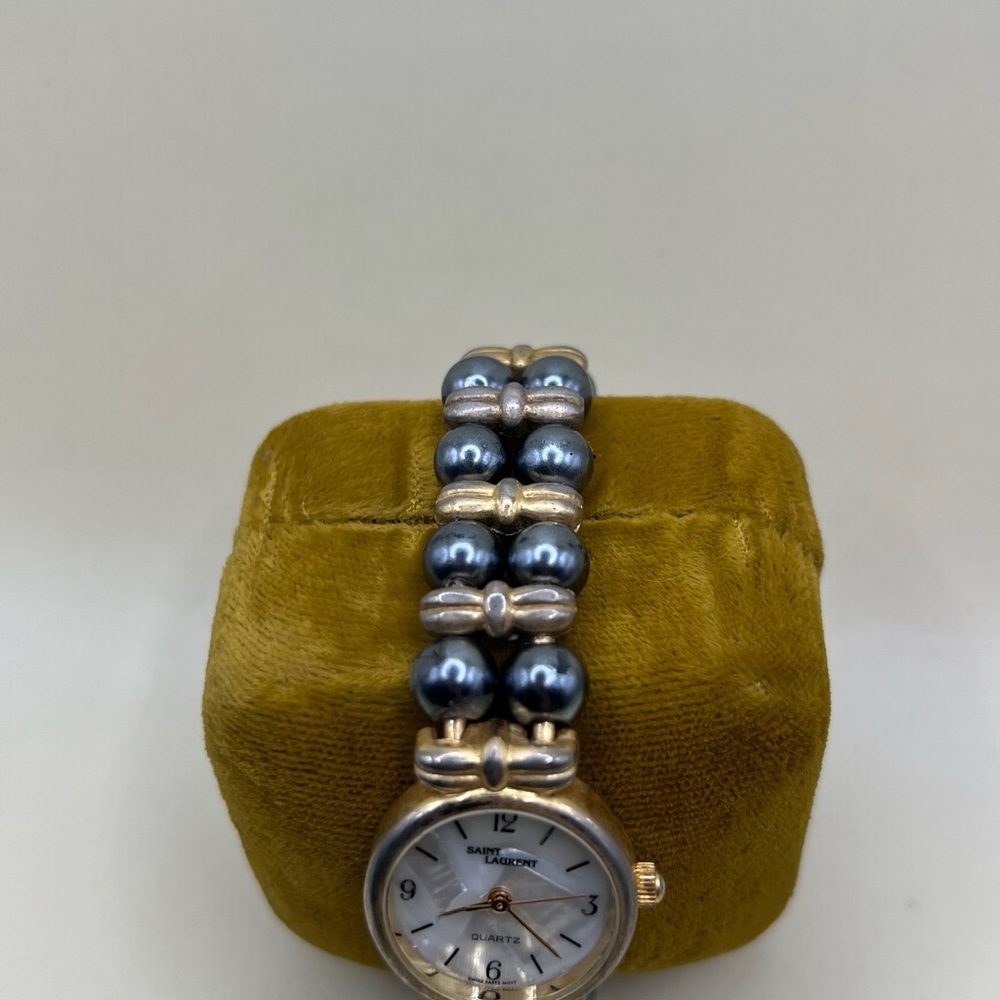 Vtg Saint Laurent Quartz Watch Swiss Movt Gold Tone Faux Pearl Bracelet MOP Dial - Picture 4 of 17